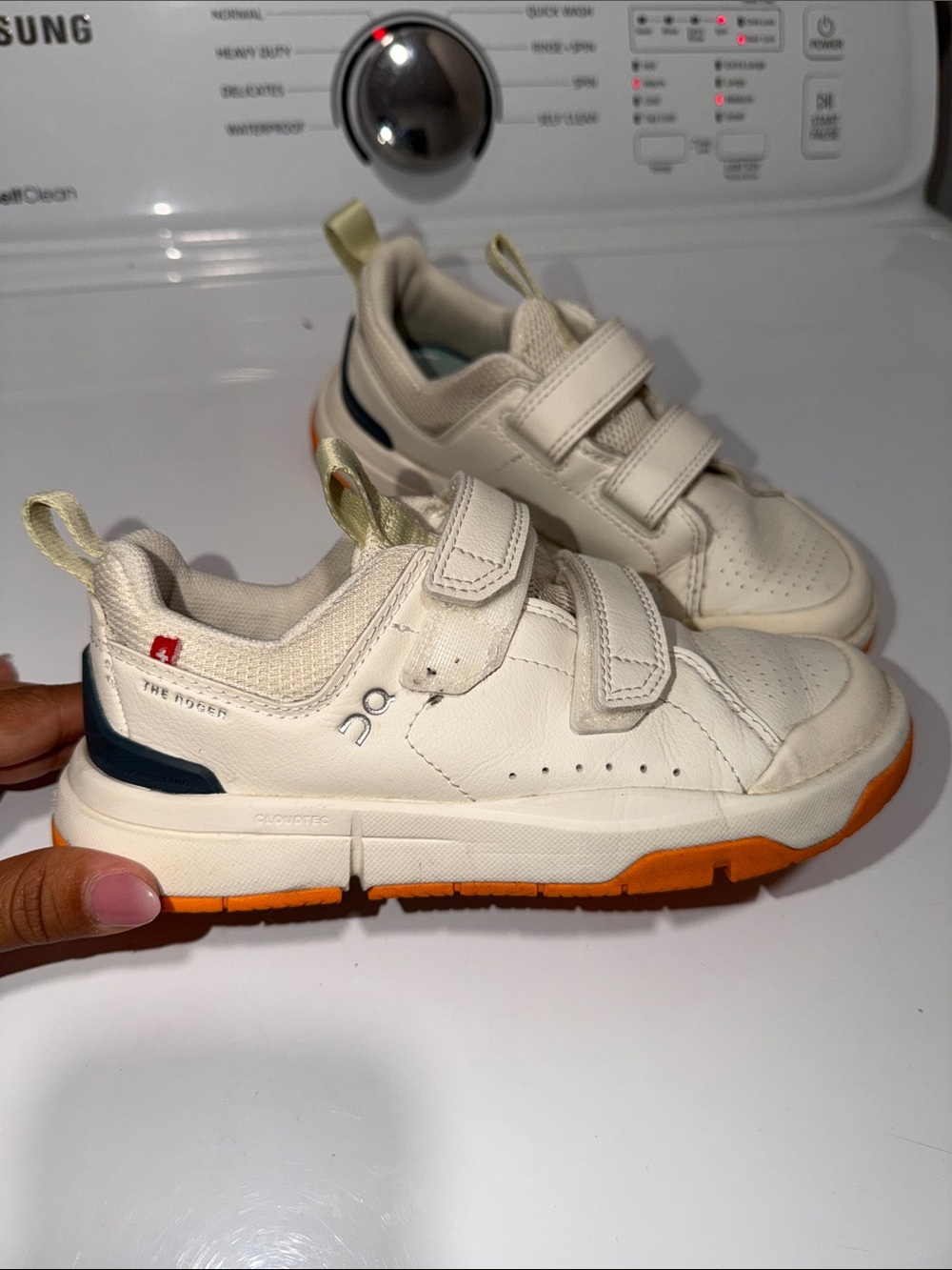 On Running Kids Cream Velcro Sneakers with Orange Sole